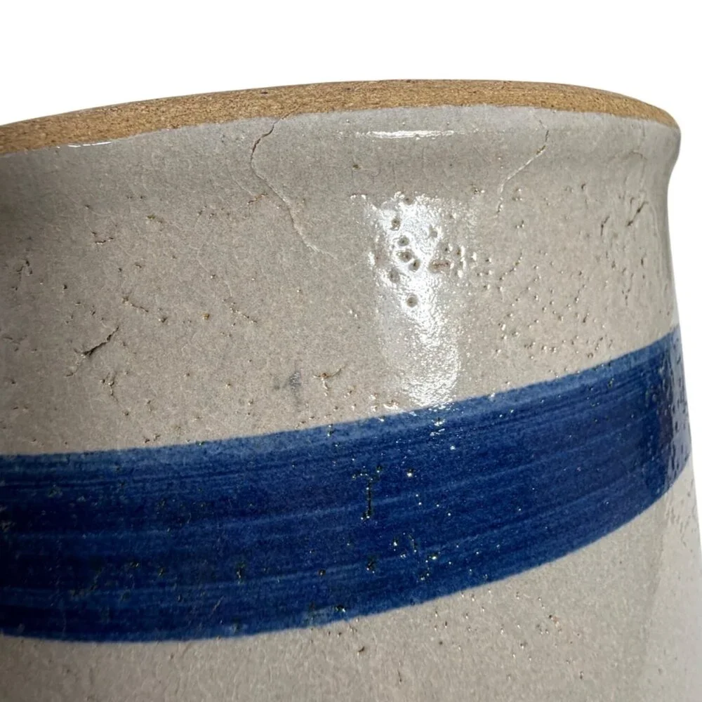 Stoneware Crock w/ Blue Stripes - Rustic Kitchen Utensil Holder Decorative Vase